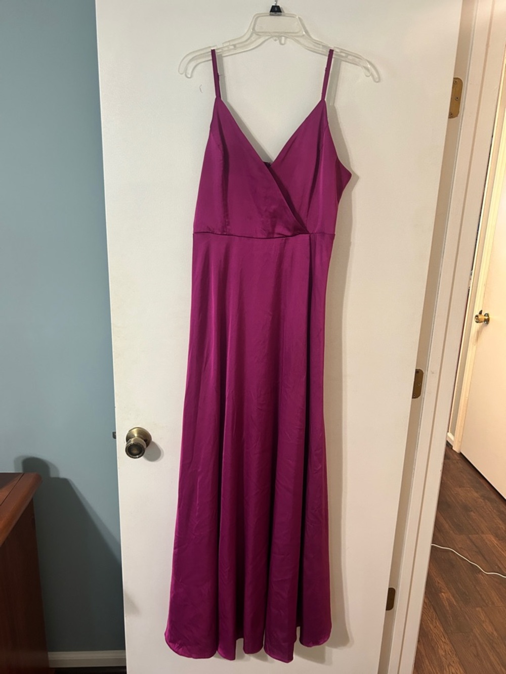 Lulu's Fuchsia Satin Maxi Wedding Guest Dress with V-Neck and Adjustable Straps
